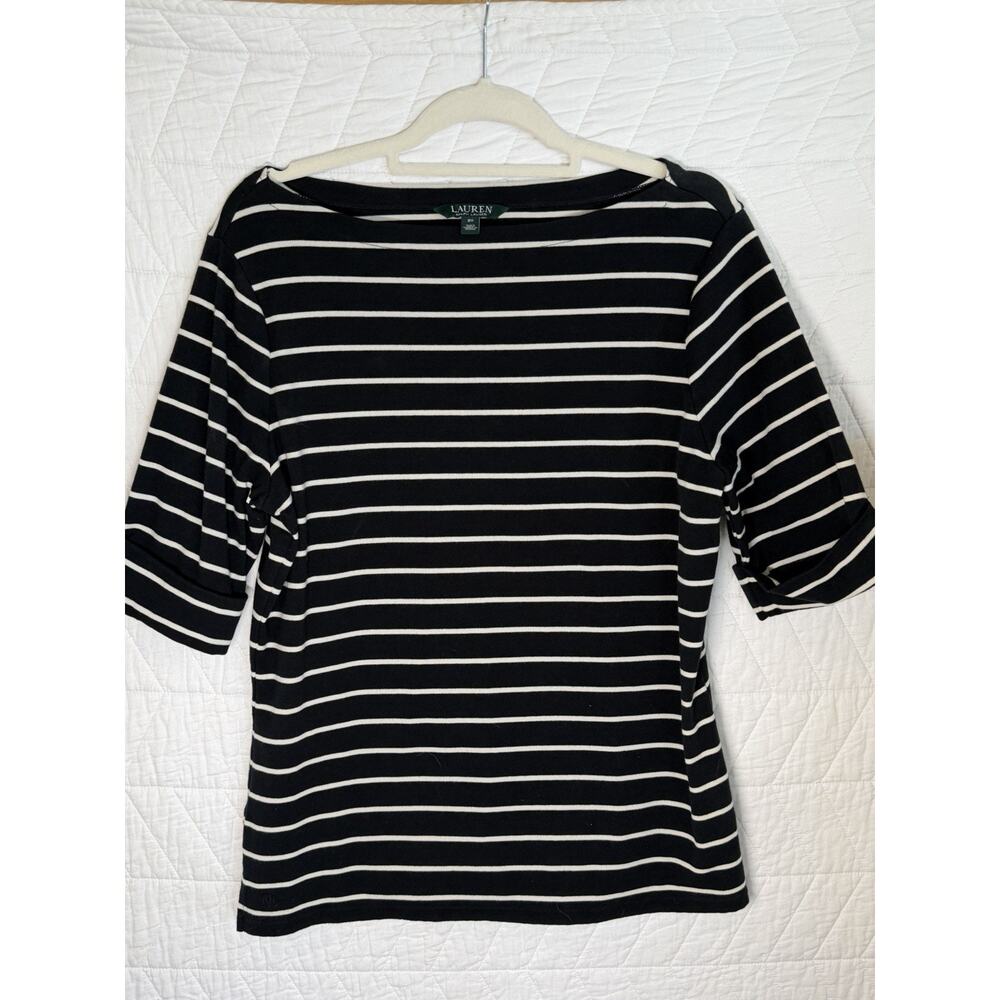 Lauren Ralph Lauren black white striped 1/2 sleeve top boat neck women size 2X